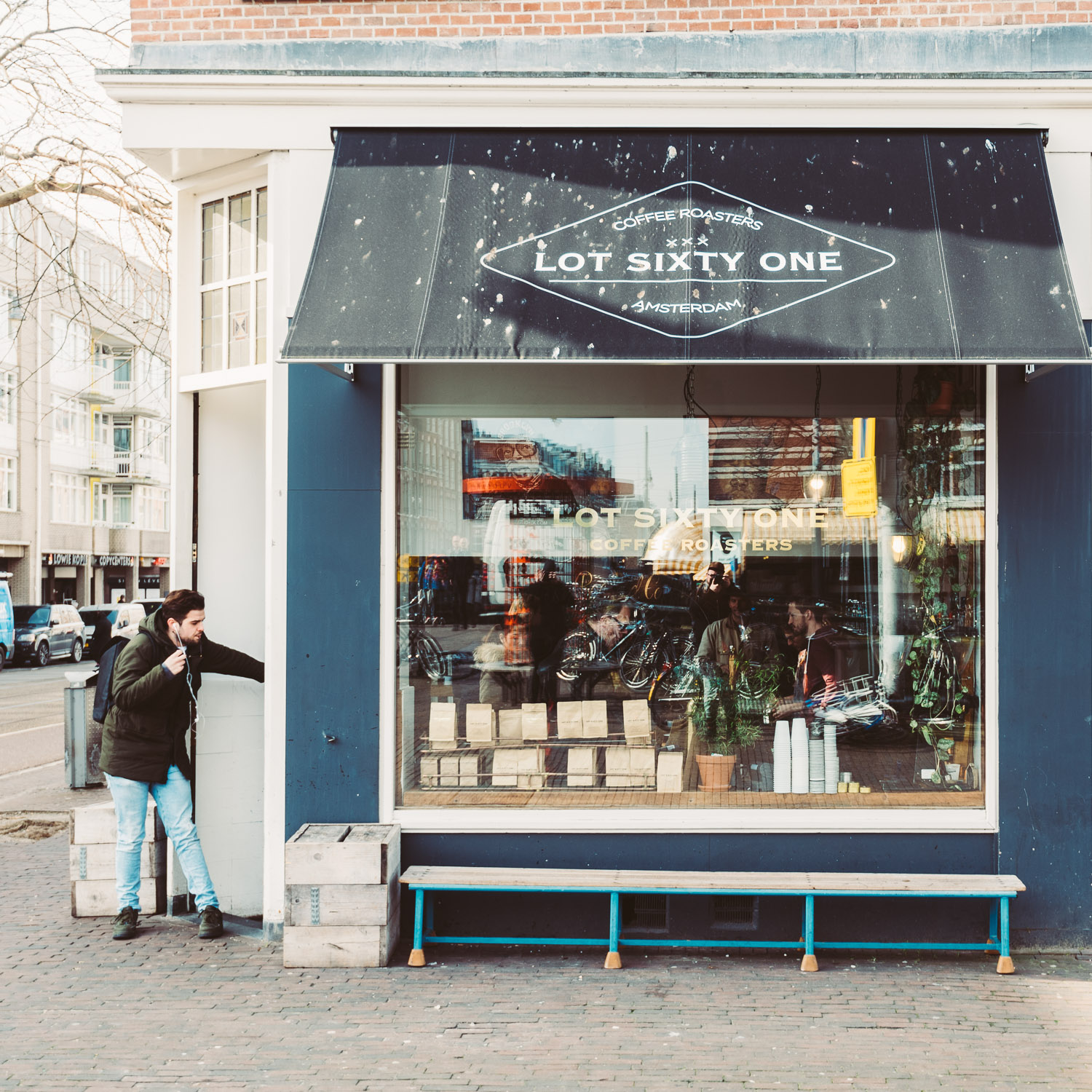 Outside the café at Lot Sixty One Coffee Roasters in Amsterdam