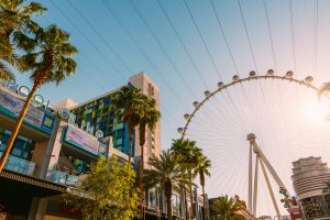 High Roller on the Las Vegas Strip illuminated by colorful neon lights in Nevada, USA