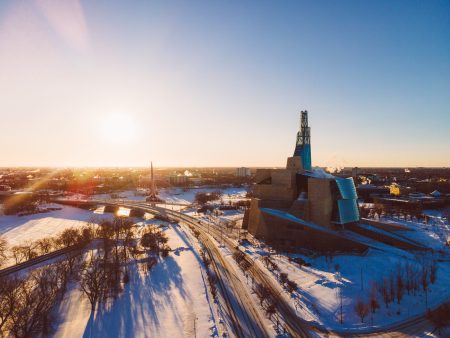 Aerial view of Winnipeg during sunrise on a very cold winter day