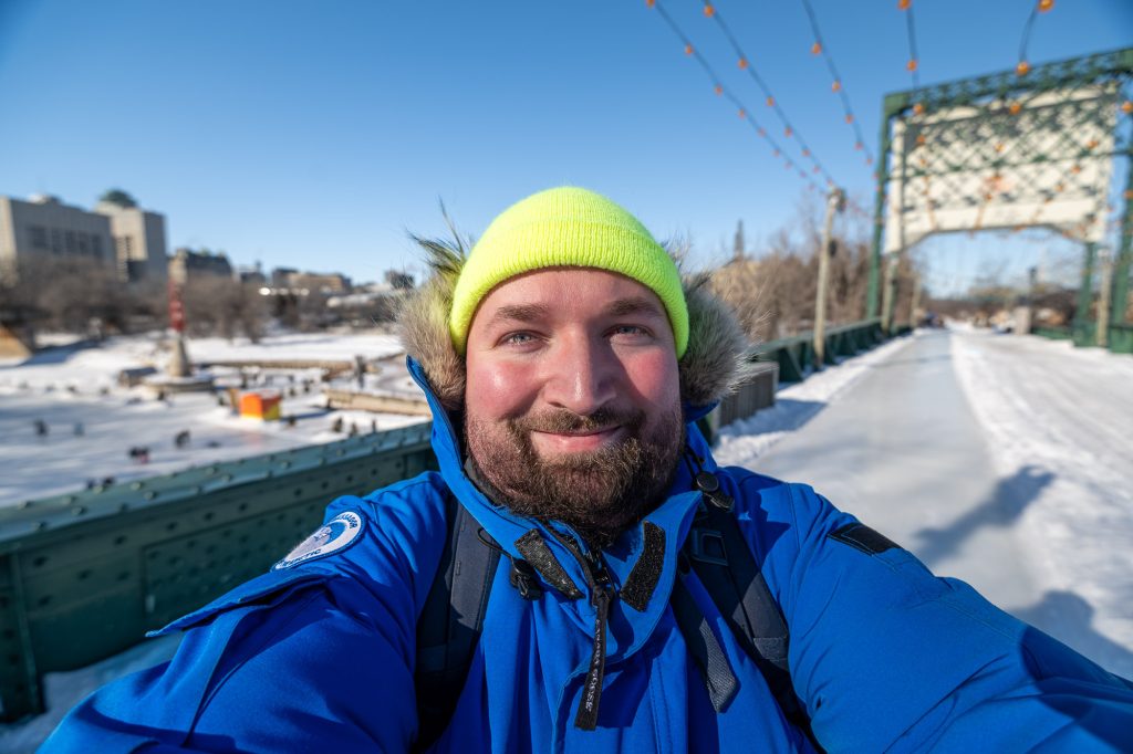Portrait of travel photographer Jeff Frenette enjoying the Canadian winter in Winnipeg Manitoba